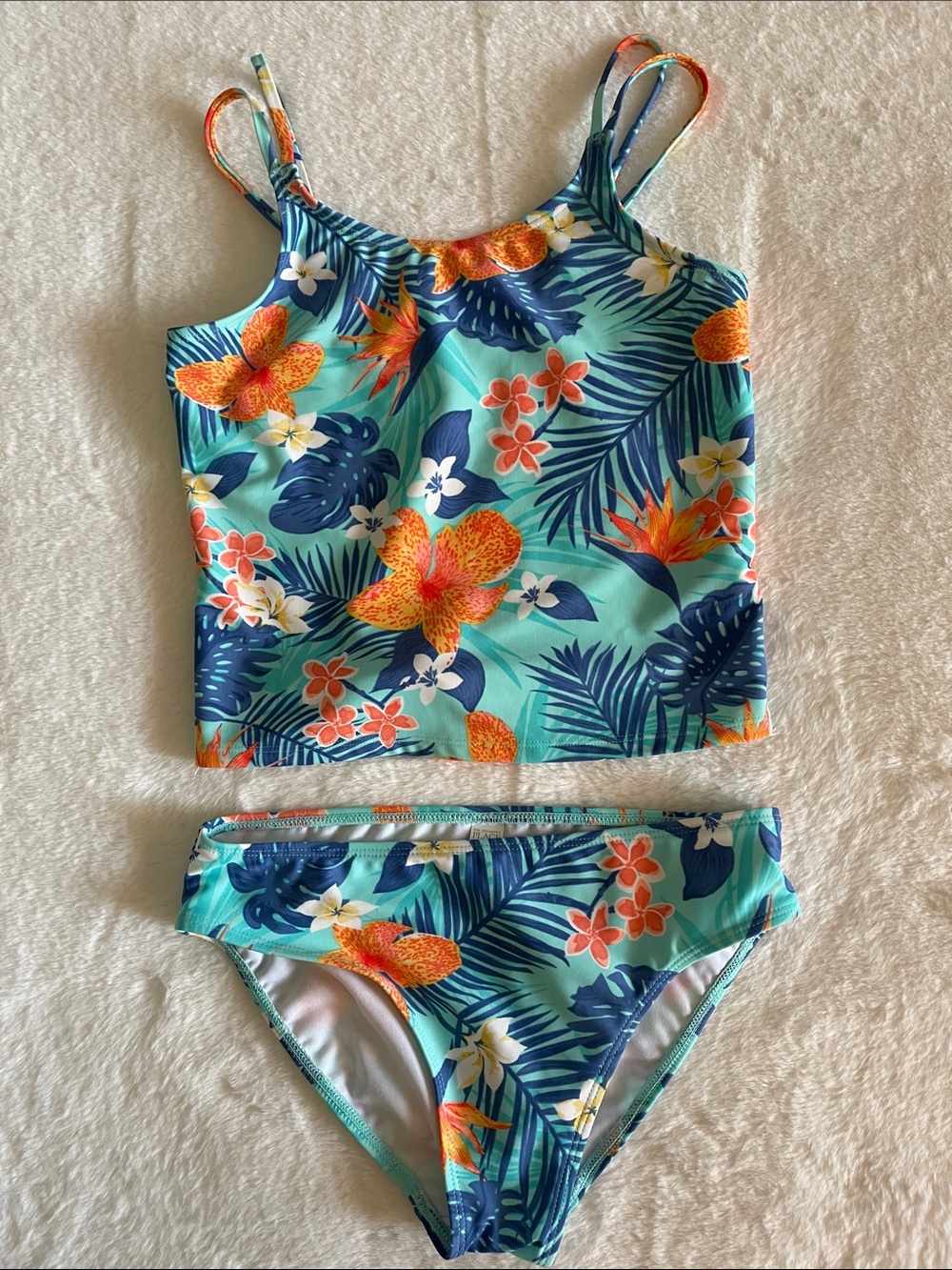 Childrens Place Girls' Aqua Floral Tankini Set - Tropical Print SZ L  10-12